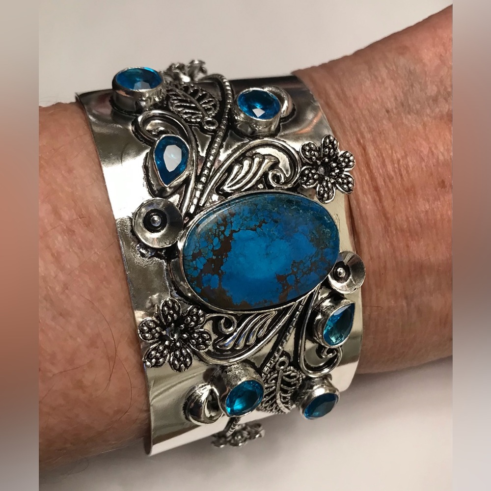 Turquoise Blue Topaz Stamped Solid 925 Sterling Silver Cuff Bracelet